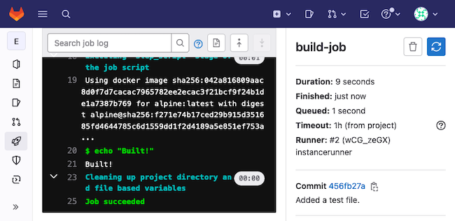 Example results for a build job from an autoscaling runner