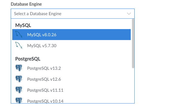 Screenshot of the Database Engine dropdown menu