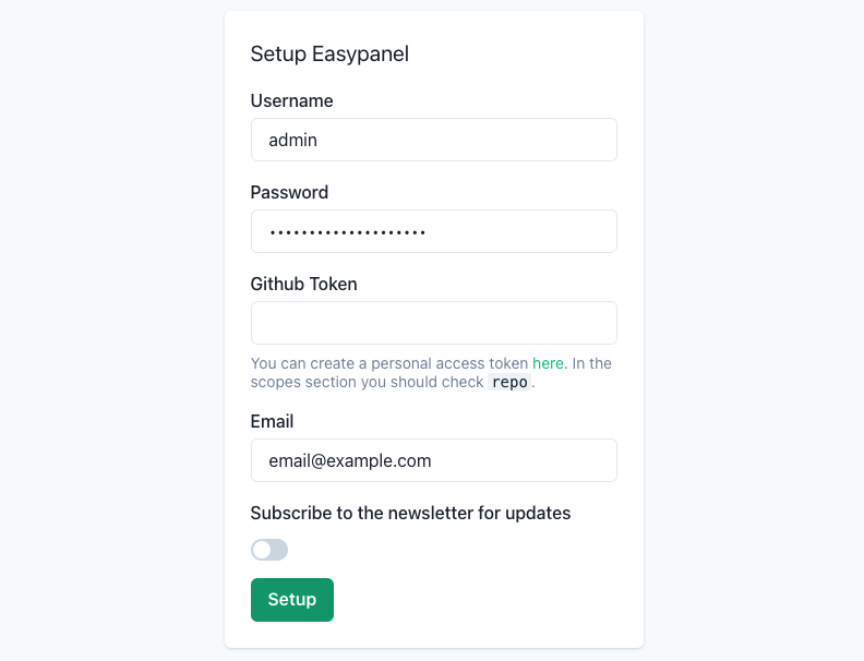 Screenshot of the Easypanel setup page